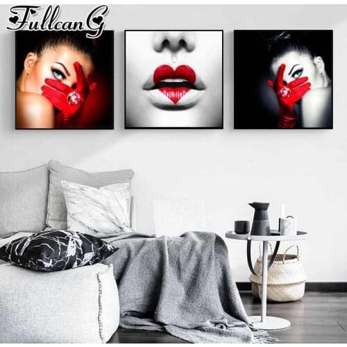 FULLCANG 5d diy diamond embroidery sexy woman with red lips triptych painting full square round drill mosaic pattern kit FC3662