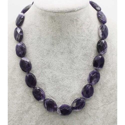 Wholesale 15*20mm amethyst flat oval faceted necklace 17inch FPPJ nature beads