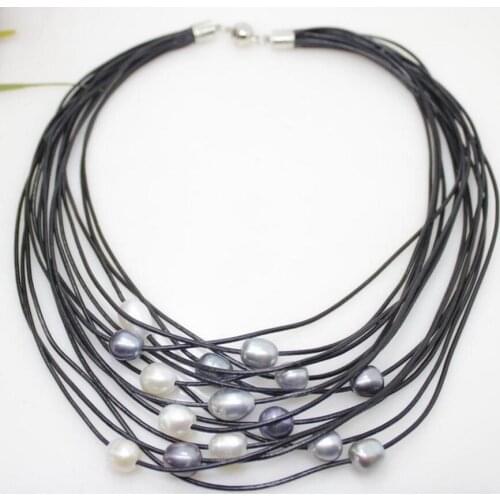Fashion jewelry Free Shipping 01-12mm Real White Gray Black Freshwater Pearl Pendant Necklace Leather Cord Magnet Clasp Fashion