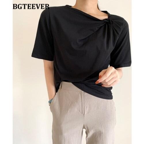 BGTEEVER Stylish O-neck Cross Female Tees Tops Short Sleeve Loose Solid Women T-shirts 2021 Spring Summer Casual Ladies Tees