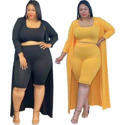 ZKYZWX Knitted Oversized 3 Piece Set Long Sleeve Coat Vest Crop Top Biker Shorts Plus Size Women Clothing Tracksuit Matching Set
