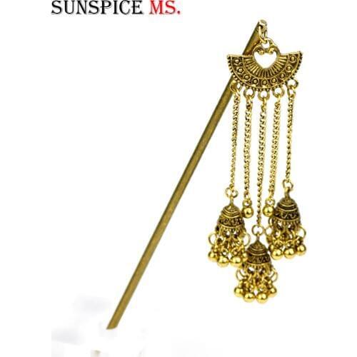 SUNSPICEMS Vintage Gold Color Women Hairpin Indian Hair Jewelry Long Metal Tassels Bohemia Female Home Hair Sticks Egyptian Gift