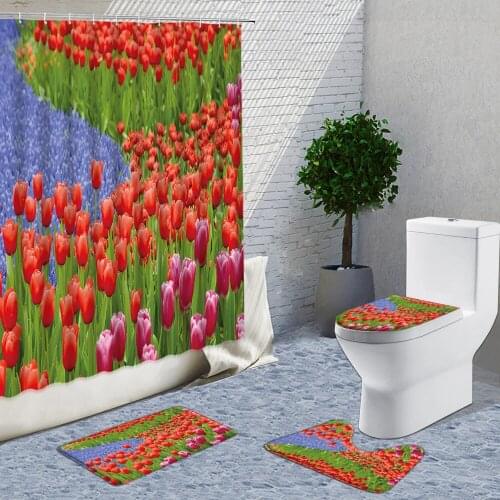 Animal Plant Shower Curtain Fabric 4 Pieces Set Red Yellow Blue Flower Garden View Vutterfly Bath Set With Carpets And Curtains