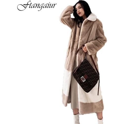Ftangaiur 2021 Winter Import Purple standard Velvet Mink Fur Coat Patchwork Women Sashes X-Long Natural Real Mink Fur Coats