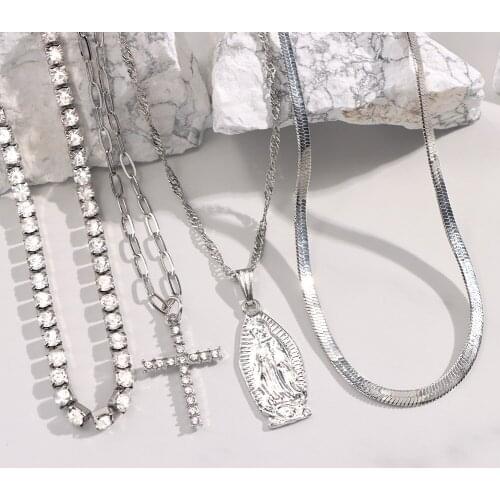 2021 New Multilayer Snake Chain Necklaces for Women Vintage Crystal Cross Virgin Mary Pendant Necklaces Religious Jewelry Gift