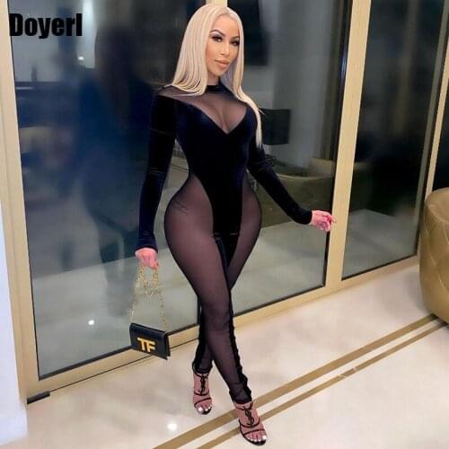 Patchwork Velvet Bodycon Jumpsuits for Women 2021 Party Sexy Elegant Long Sleeve Sheer Mesh Rompers Womens Jumpsuit Clubwear