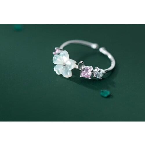 925 Sterling Silver Rings Female Simple Pink Crystal Shell Flower Open Adjustable Ring Temperament Hand Jewelry Gift For Girls