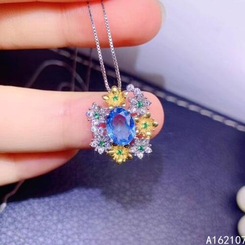 Fine Jewelry 925 Sterling Silver Inlaid With Natural Gem Womens Classic Trendy Flowers Blue Topaz Pendant Necklace Support Dete