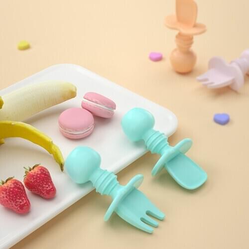 2Pcs Baby Training Fork Spoon Set Silicone Baby Self Feeding Spoon And Fork Set Food Grade Newbornrn Accessories Teether