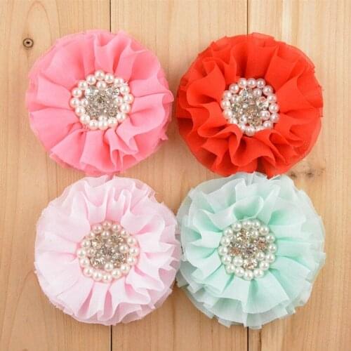 200pcs/lot 3.15" Beaded Chiffon Flowers With Pearl Rhinestone Flat Back Craft Chiffon Flower For Girl Headband Hair Accesssories