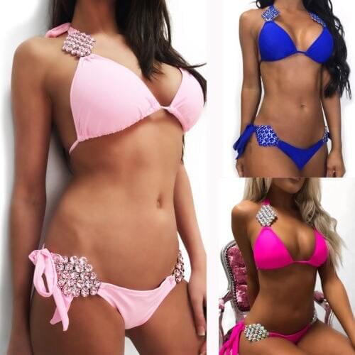 2018 Women Bikini Set Bandage Swimsuit Hot Beachwear Lace up Push Up Padded Rhinestone Solid Color Swimwear