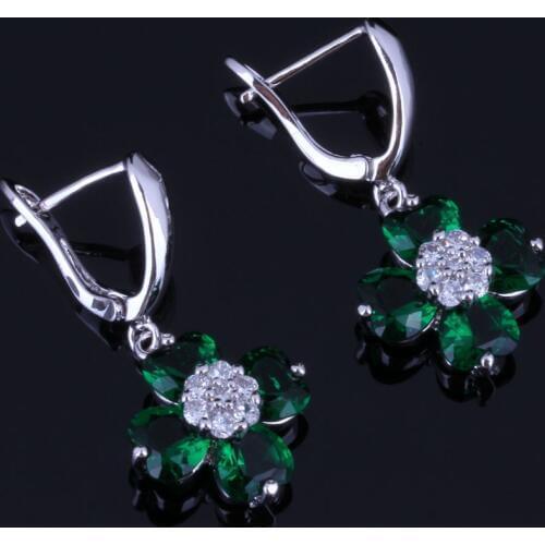 Angelic Heart Shaped Green Cubic Zirconia White CZ Silver Plated Drop Dangle Earrings V0769