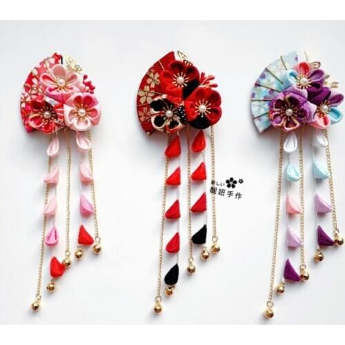 Antiquity Sakura Hair Clip Japanese Yukata Hair Accessories Fan Bell Tassel Hairpin Hanfu Kimono Tsumami zaiku Headdress