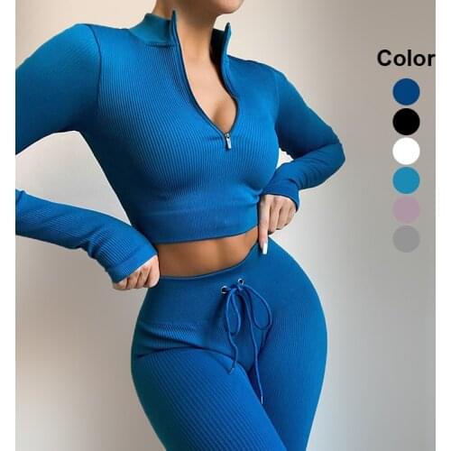 Seamless Ribbed Yoga Set Sport Outfit For Woman Long Sleeve Crop Top High Waist Trouser Warm Workout Gym Suit Womens Tracksuit