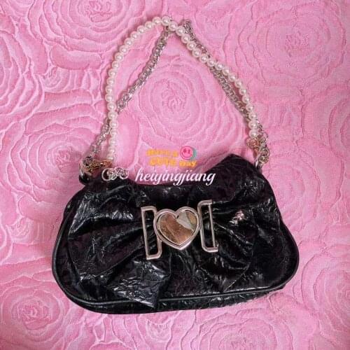 Black Sweet Stylist Bow Hip-hop Girls Hobos Bags Womens Original Designer Brand Love-heart Textured-leather Shoulder Bags