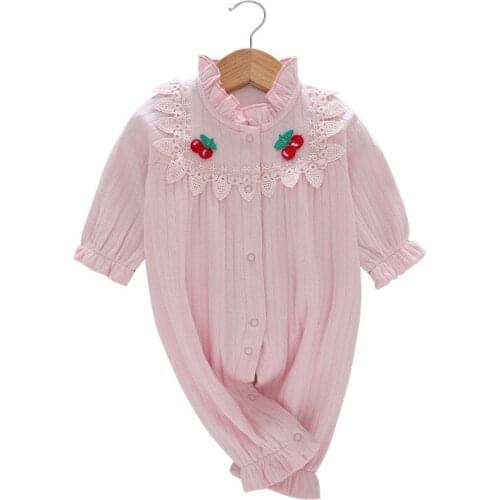 Hot Sale Newborn Baby Romper Spring Autumn Pure Cotton Baby Long Sleeve Shirt Girl Cartoon Cherry Home Clothes