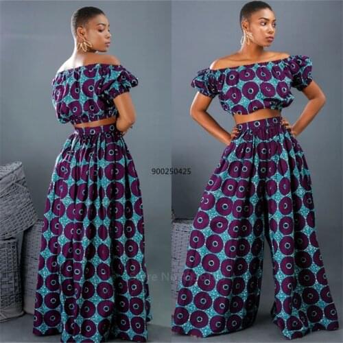 Hot Sale 2020 African Dresses for Women Shoulder Top Pant Suit Wide Leg Trousers Ankara Robe Africaine Sexy Ladies Dashiki Print