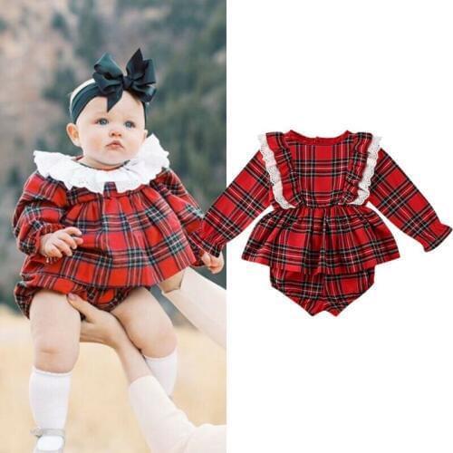 2PCS Newborn Baby Girl Christmas Clothes Ruffle Lace Red Plaid Romper Dress+Short Pants Shorts Outfits Xmas Clothes Set 0-24M