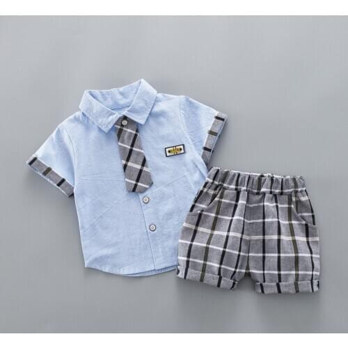 Hot Sale 2021 Baby Boy Summer Clothing Set Short Sleeve Turn-Down Collar Plaid Cotton T-Shirt+Shorts 2 PCS Tracksuit Sports Set