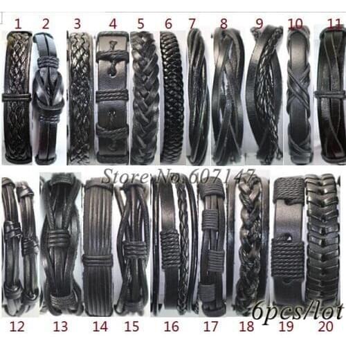 Handmade optional Wholesale (6pcs/lot) black genuine adjustable wrap leather bracelets men pulseiras de couro free shipping