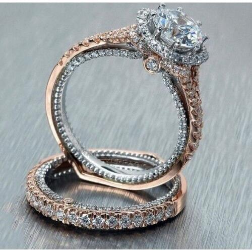 Delicate CZ rose gold wedding Rings Set for Woman 2 PCS Elegant Cubic Zirconia Party Finger Jewelry girl Gift