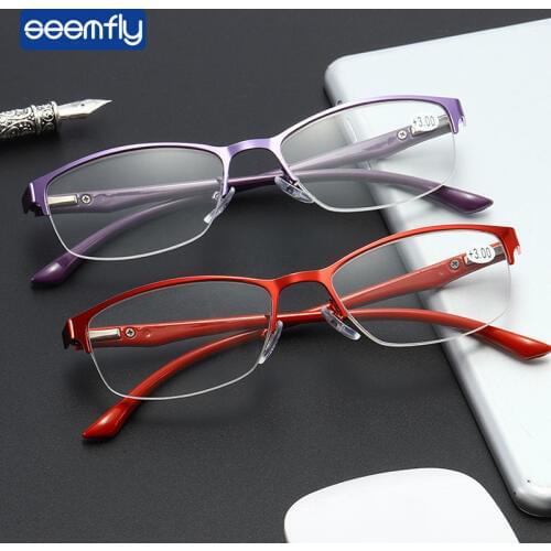 Seemfly Elegant lady reading glasses Purple Red Metal Half Frame Reading Glasses TR90 Spring Leg Glasses Magnifying Eyewear