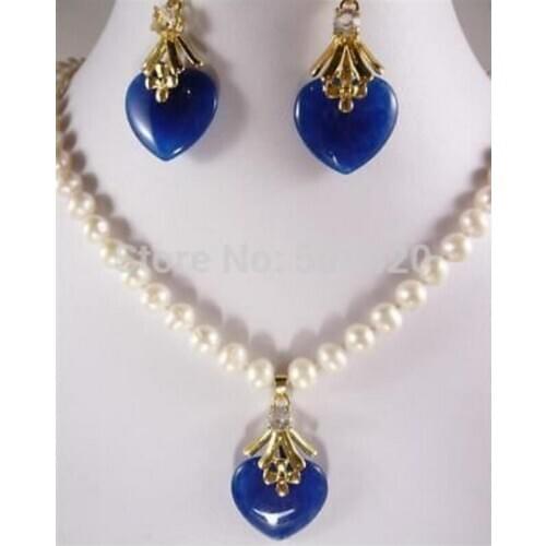 Wholesale white pearl Blue jade Pendant necklace earring set