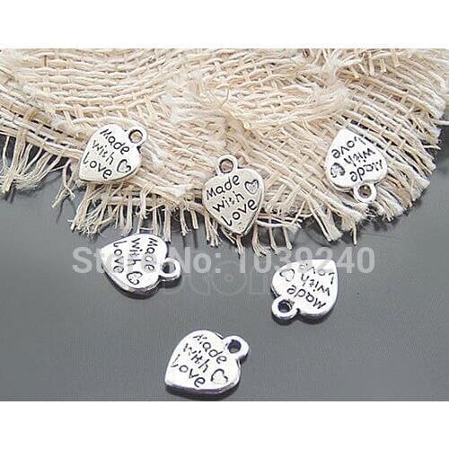 Lot 50 Silver MADE WITH LOVE CZ Heart Charms Pendants Necklace Beads DIY