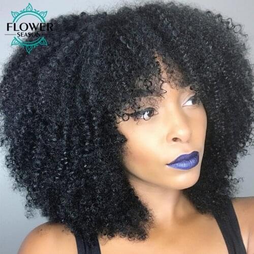 Afro Kinky Curly Wig With Bangs 18inch 200% Curly Human Hair Wig Remy Brazilian O Scalp Top Full Machine Made Wig FlowerSeason