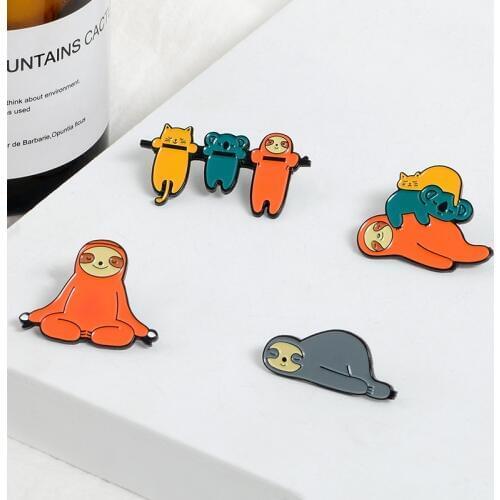 Sleepy Yoga Funny Smile Sloth Lazy cat koala pin Colorful Animal Designable lapel pins Badges Brooch Jewelry Gift for kids girl