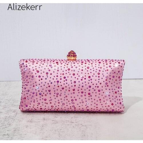 Diamonds Satin Box Evening Bags 2021 Luxury Shiny Gold Rhinestones Bridal Clutch Purse Ladies Chain Crossbody Bag Wedding Party