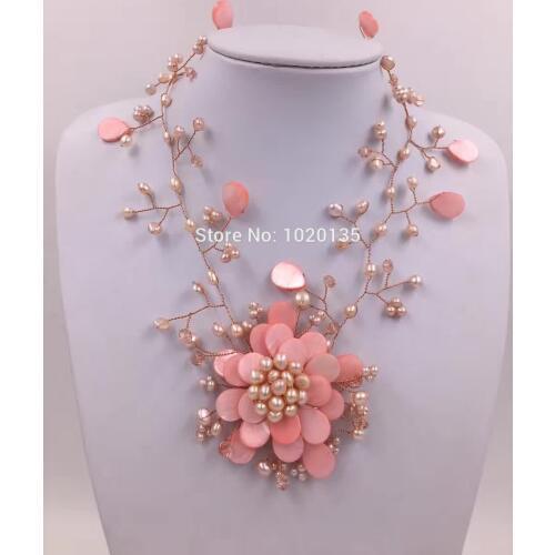 Pink shell flower necklace big fashion stone faceted freshwater pearl wholesale beads FPPJ