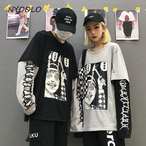 NYOOLO Spring autumn Harajuku style horror comic print hoody fake 2 pieces patchwork pullovers Sweatshirt women men clothing