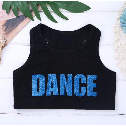 TiaoBug Kids Girls Sleeveless Racer Back Shiny Letters DANCE Printed Crop Top Sports Bra For Dance Stage Performance Workout