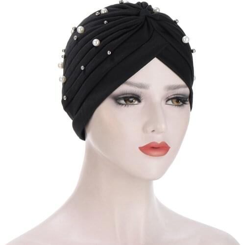 2021 Fashion crinkled hijab caps solid color women muslim wrap head Beaded turban bonnet ready to wear Indian hat
