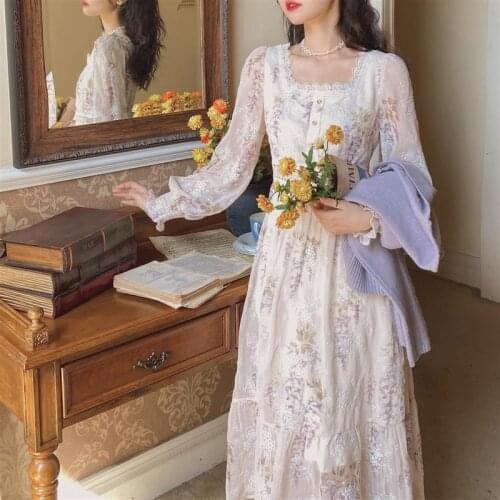 Evening Party Floral Dress Women Lantern Sleeve Elegant Vintage Dress Female Sweet 2021 Summer Ruffles Dress Korean