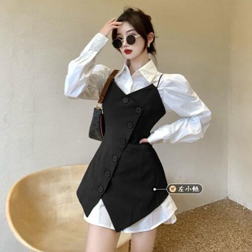Fashion White Puff Sleeve Shirt Women Lapel Blouse Top Dress Mini Sling Irregular Sexy Black Vest Coat Suit OL Temperament Fall