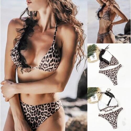 Womens Swimsuit Sling Bandage Bikini Leopard Print Swimwear 2-Piece Swimsuit