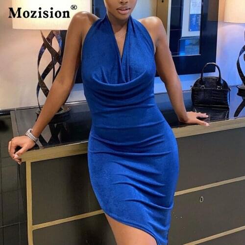 Mozision Blue Halter Backless Bodycon Dress For Women Summer Sleeveless Mini Dresses Womens Fashion Casual Mini Dress