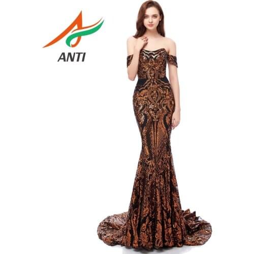 ANTI Sparkling Off the shoulder prom dresses 2019 Sequin Mermaid evening dresses Arabic Cheap Party Prom Gowns Custom In Stock