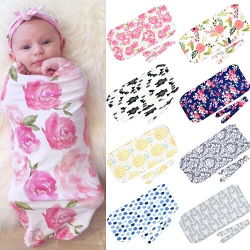 2Pcs/Set Newborn Fashion Baby Swaddle Blanket Printed Newborn Infant Baby Boys Girls Sleeping Swaddling +Headband