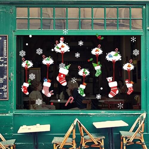 2021 New Year Merry Christmas Decorations for Home Snowflake Hut Wall Sticker Shop Window Glass Decoration PVC Sticker Navidad
