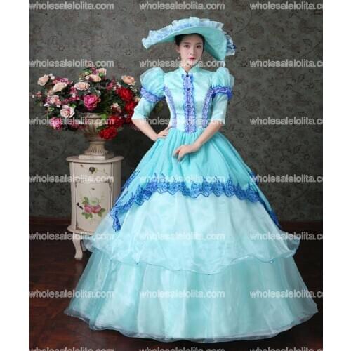 18th Century Sky Blue Lace Vampire Masquerade Ball Dress Civil War Southern Belle Ball Gown Costumes