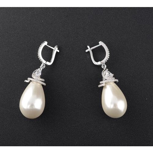 White Teardrop Shell Golden Plated Cz pave Lever back Earrings 2.5