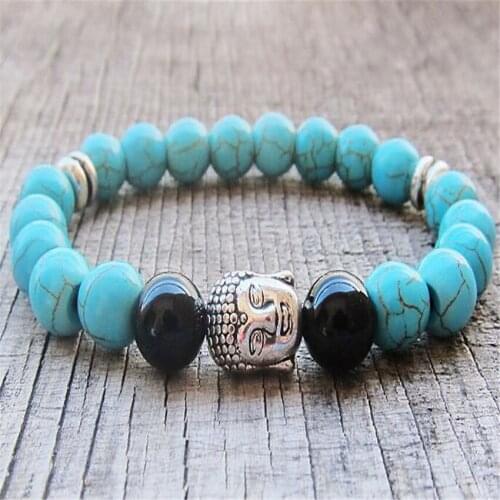 8mm Blue Turquoise Obsidian Gemstone Mala Bracelet 7.5 inches Unisex Healing Bead Energy Pray Bless Stretchy Meditation Men