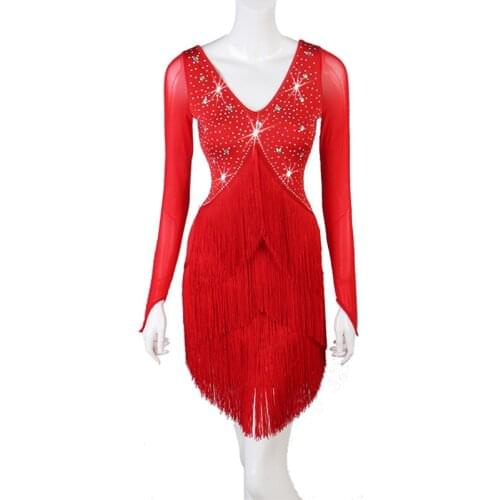 Latin Dance Costumes For Women Long Sleeve Red Fringe Skirt Latin Dance Competition Dresses Adult Rumba Samba Dancewear DQL2831