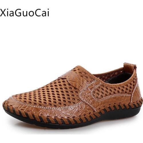 XiaGuoCai Men Loafers Summer Big Size 46 Mesh Shoes for Men Handmade Brown Leisure Lazy Beach Casual Shoes Breathable L46 35