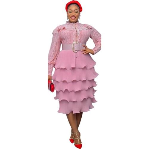 Fashion o neck long sleeve cake dress sexy lace solid pink dress maxi dresses for women lelgant party clothes trendy wholesale