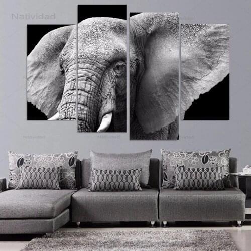 4 Pieces Frameless Canvas Painting Hd Printing Black and White Elephant Animals Prints and Posters Pictures Room Decoration