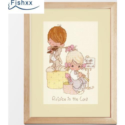 European Style Fishxx Cross Stitch 14CT Kit Cute Cartoon H013 Music Playing Children Bedroom Hanging Painting Hand Embroidery